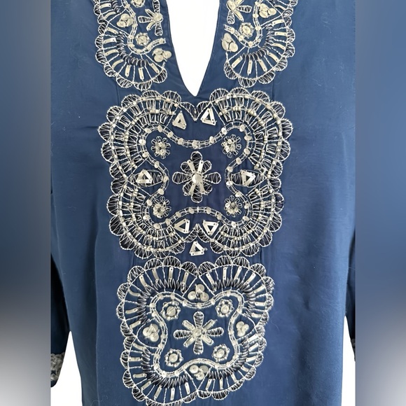 Chico’s Embroidered Navy Tunic Top 0 (Small, US 4–6) Cotton Beaded Sequin Boho - Picture 8 of 8